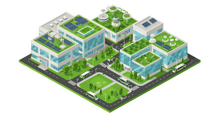 Eco-friendly modern campus with green roofs and solar panels vector illustration for environmental design