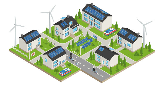 Sustainable eco neighborhood with solar energy in isometric style vector illustration