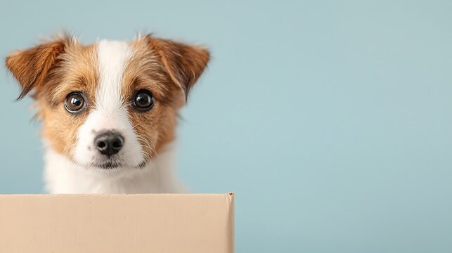 Cute Jack Russell Puppy Peeking Over Cardboard Box