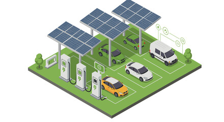 Fototapeta na wymiar Isometric vector illustration of sustainable electric car parking with solar panels for renewable energy concept