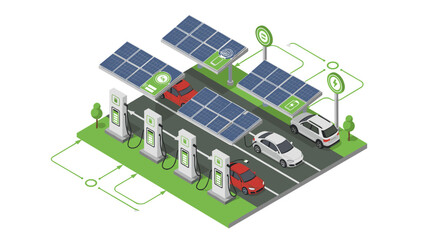 Isometric vector illustration of solar powered electric car charging station for eco-friendly vehicles design