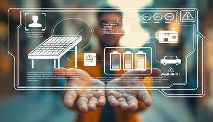 Hands Holding Digital Interface with Solar Panel and Energy Data Visualization in Urban Setting
