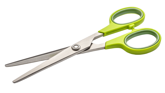 Isolated green handled scissors for craft cutting tool sharp precision instrument and office supplies use