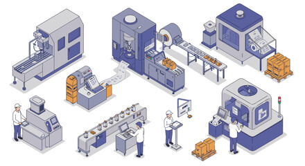 Isometric vector illustration of automated factory assembly line with industrial machines and workers