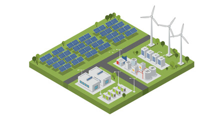 Sustainable energy vector illustration: isometric solar panels and wind turbines for environmental design projects
