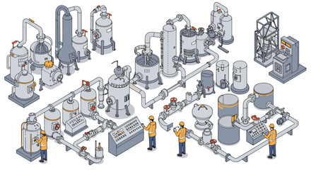 Isometric industrial process plant vector illustration for engineering and manufacturing design