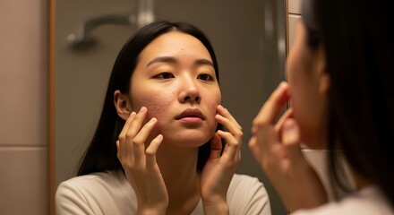 Woman examining her skin in the mirror at home bathroom