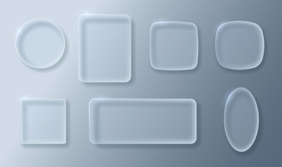 Glass buttons or frames of different shapes. UI element with transparency and blur effect. Vector 3d illustration.