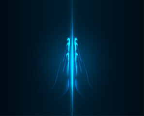 Hands folded in a gesture of prayer, hope or greeting forming a bright glowing beam of energy isolated on a dark background. Vector illustration.