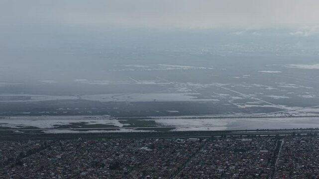 Aerial view by drone showing a section of Texcoco Park inundated during wet season in Mexico City