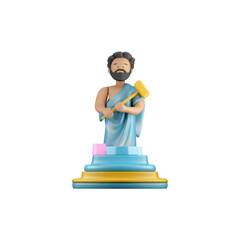 Sculptor on a platform, with a dark beard and hair, light skin tone, wrapped in a light blue robe, holding a hammer