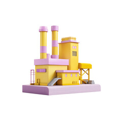 A cartoonish construction factory is presented with minimalist details, featuring a yellow and pink color scheme