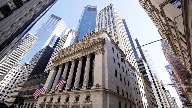 Iconic Wall Street Scene in Lower Manhattan Featuring NYSE Building as Global Finance Power Center