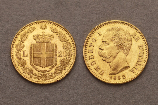 20 Lire Kingdom of Italy, Umberto I, year 1882, gold coin bullion, front and back sides