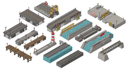 Isometric vector illustration of harbor elements and infrastructure for design and planning