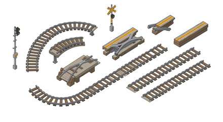 Isometric railway elements vector illustration for infrastructure design and construction projects