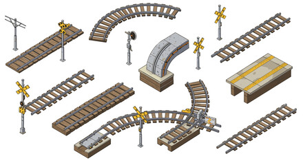 Isometric vector illustration of railway elements for design and construction projects
