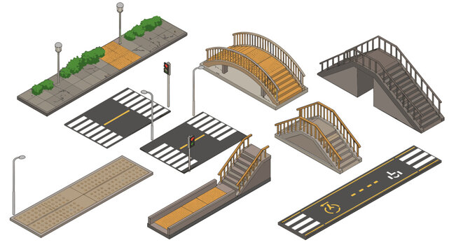 Isometric vector illustration of urban bridges and walkways for city design projects