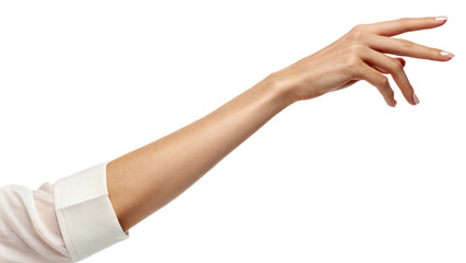 Isolated woman hand reaching grasping grabbing holding gesture on black background stock photo image