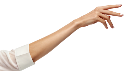 Isolated woman hand reaching grasping grabbing holding gesture on black background stock photo image