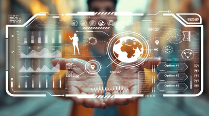 Young man interacting with virtual interface displaying global data and technology graphics in urban setting, showcasing innovation and digital communication