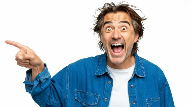 Man with a pointy finger is pointing to something. He has a surprised look on his face