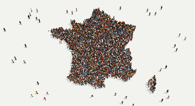Crowd of diverse people forming france map shape - vector illustration for geography and community concepts
