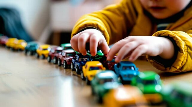 Toddler Boy Plays with Colorful Toy Cars Lined Up on a Wooden Surface Indoors