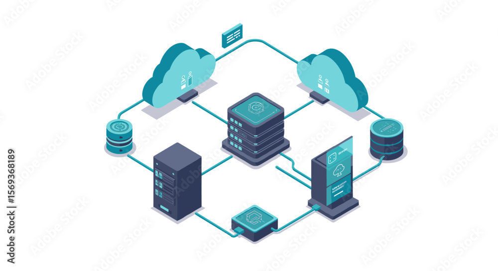 Poster cloud computing network isometric vector illustration for it infrastructure and data management