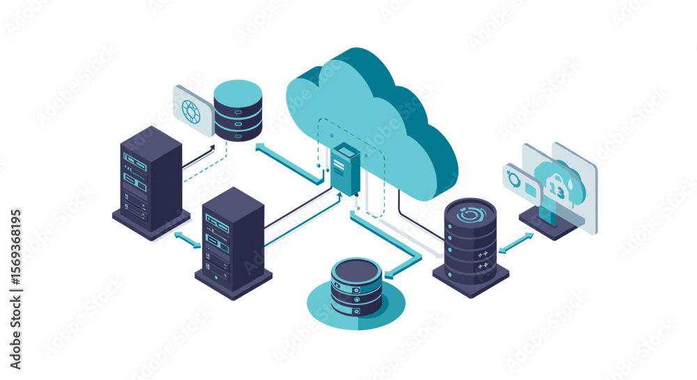Poster cloud computing network vector illustration for technology infrastructure and data management design