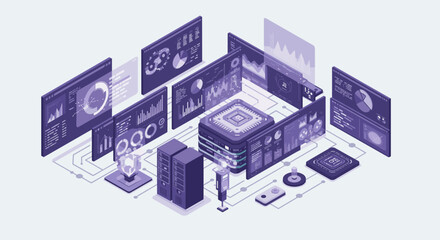 Isometric digital data analysis in futuristic tech environment vector illustration