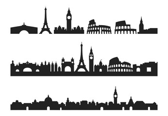 Fototapeta premium Silhouettes of European landmarks including Eiffel Tower, Big Ben, and Colosseum in iconic skylines, vector illustration. Combines famous cityscapes from Paris, London and Rome in black.