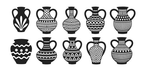 Silhouettes of ornamental pottery vases with geometric and tribal patterns, vector illustration set. Set includes amphora shapes and traditional ceramic vessels with bold linear decoration.