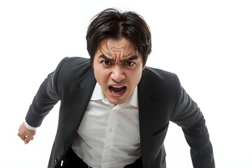 An afraid asian businessman running away isolated on white background