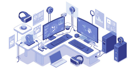 Futuristic workspace with technology devices vector illustration for digital design in isometric style