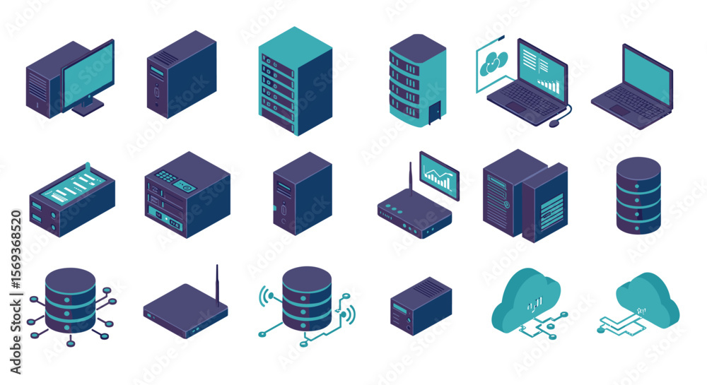 Poster isometric data center and networking vector illustration for technology and it design