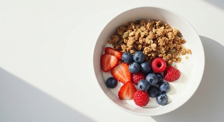 Healthy Breakfast Flat Lay with Granola, Yogurt, and Berries on White Table – Natural Light and Soft Shadow Minimal Aesthetic