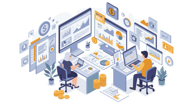 Business analytics and data analysis vector illustration in isometric style for digital marketing and financial reports