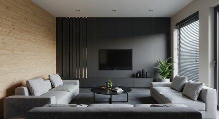 Fototapeta premium Modern Living Room with Minimalist Design and Wood Accent Wall