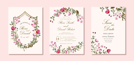 wedding invitation set with romantic pink wildflower watercolor frame