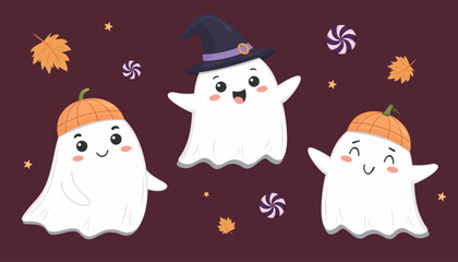 Three happy ghosts with pumpkin hats and a witch hat, surrounded by autumn leaves and candies on a dark background, Halloween theme