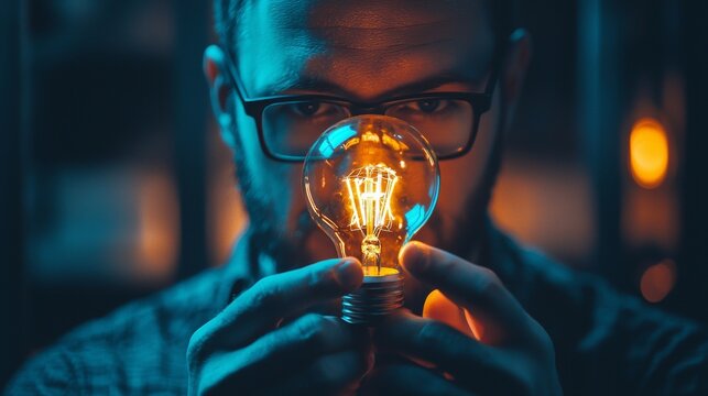 Man holding glowing light bulb in dark environment for innovation creativity energy inspiration technology thinking scene