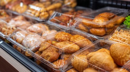 Fresh pastries in plastic packaging on bakery display for food industry snack product grocery retail shelf shot