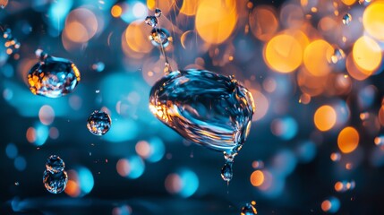 Blue bokeh lights with floating crystal drop for fantasy jewelry celebration sparkle magical abstract artistic visual