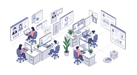 Isometric office workspace vector illustration for business and technology design
