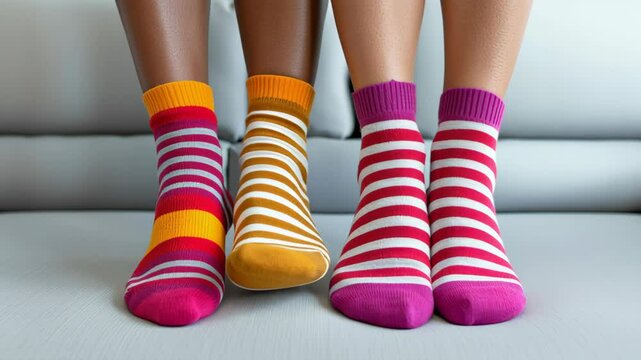 Two people wearing colorful striped socks. The socks are in different colors and patterns. Concept of fun and playfulness