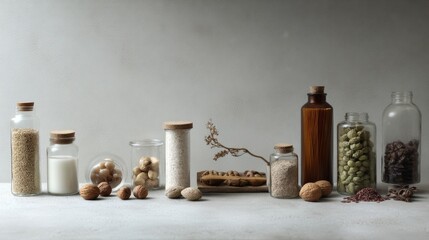 Natural herbal medicine bottles with dried plants and mushrooms for apothecary wellness organic health supplement branding