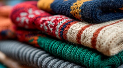 Stack of colorful knitted wool sweaters folded for cozy winter fashion seasonal warm clothing retail background
