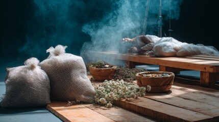 Natural jute sacks with grains and herbs on wooden table for organic farming harvest food concept background