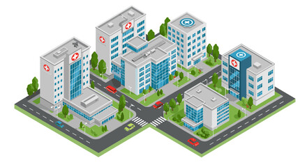 Modern hospital complex vector illustration for medical center design in isometric style